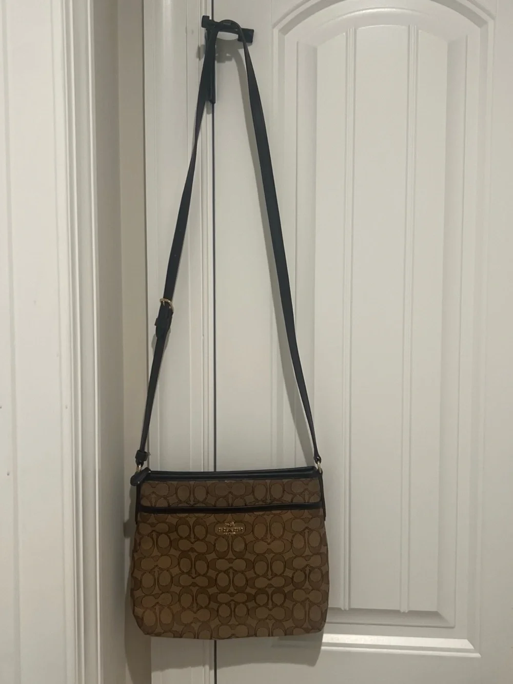Coach Brown Signature Canvas Crossbody with Black Strap
